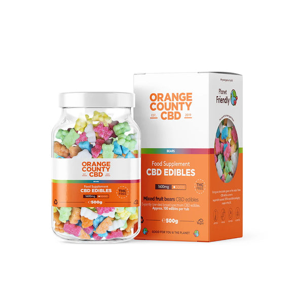 Large tub of vegan-friendly CBD gummy bears in assorted fruit flavours and lab-tested